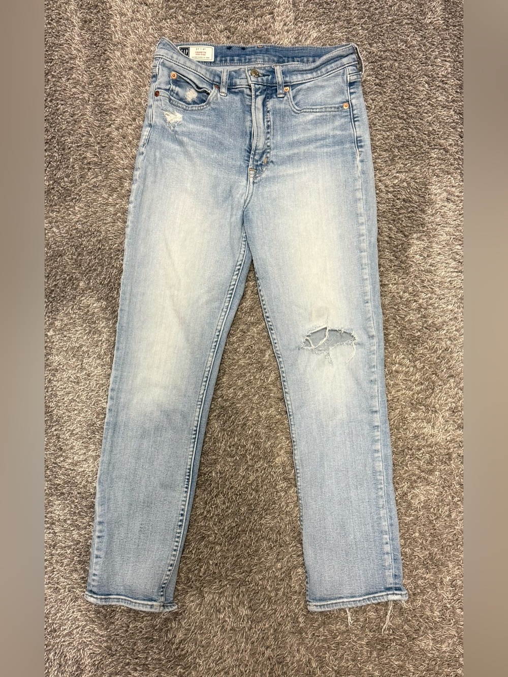 EUC Women’s High Rise Cigarette Jean, Distressed, Raw Hem in back, size 27/4r